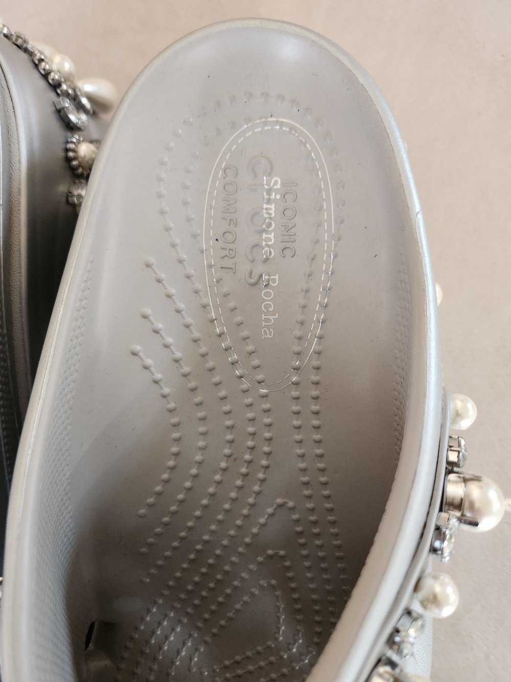 CROCS Silver Jeweled Pearl-Embellished Clog Sandals - Picture 6 of 8